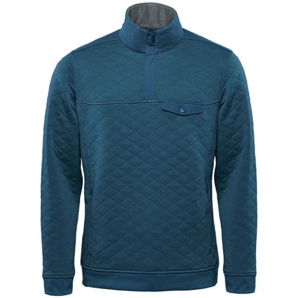 A teal thermal 1/4 zip pullover with a diamond quilted texture and a chest pocket, featuring a logo.