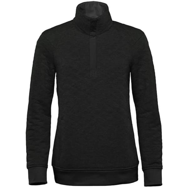 A black women's pullover featuring a 1/4 zip and a high collar. It has a textured fabric and a brand logo.
