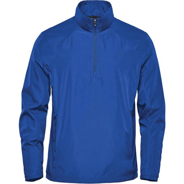 A blue men's 1/4 zip anorak jacket, featuring a high collar and a zipper. It has a logo on the front.