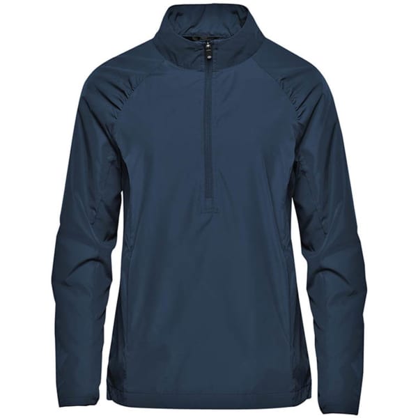 A women's Pacifica 1/4 zip anorak in navy blue, featuring a collar and long sleeves, with a logo on the front.