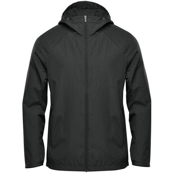 A dark green wind jacket with a hood, featuring a zip front and an attached logo.