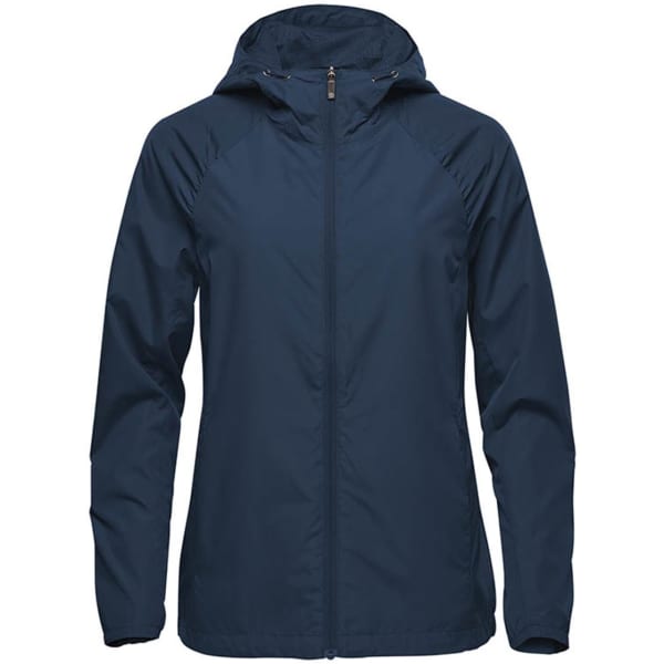 A navy blue women's wind jacket with a hood and a zippered front, featuring a logo on the chest.