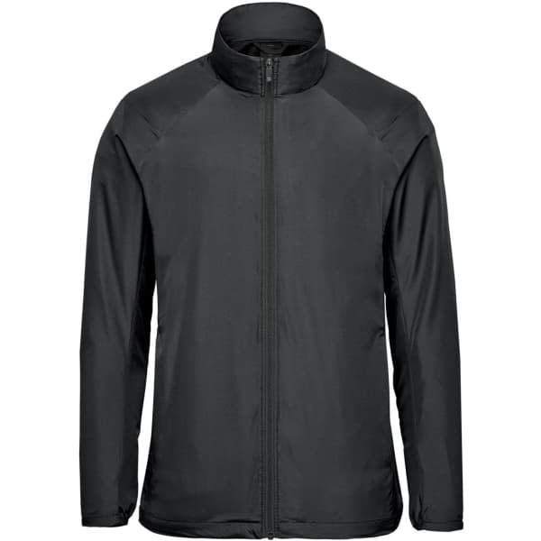 A black men's full zip jacket with a high collar and a sleek design. It features branding on the material.