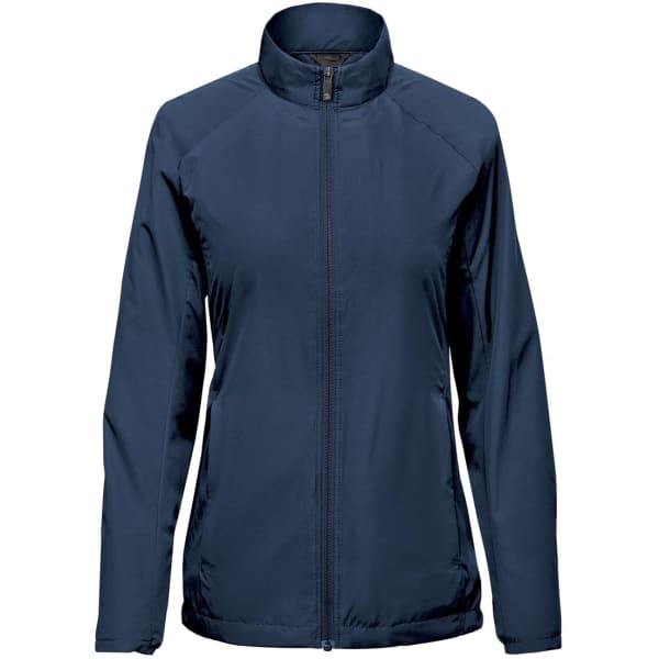 A navy full zip jacket for women featuring a stand-up collar and a logo on the front.