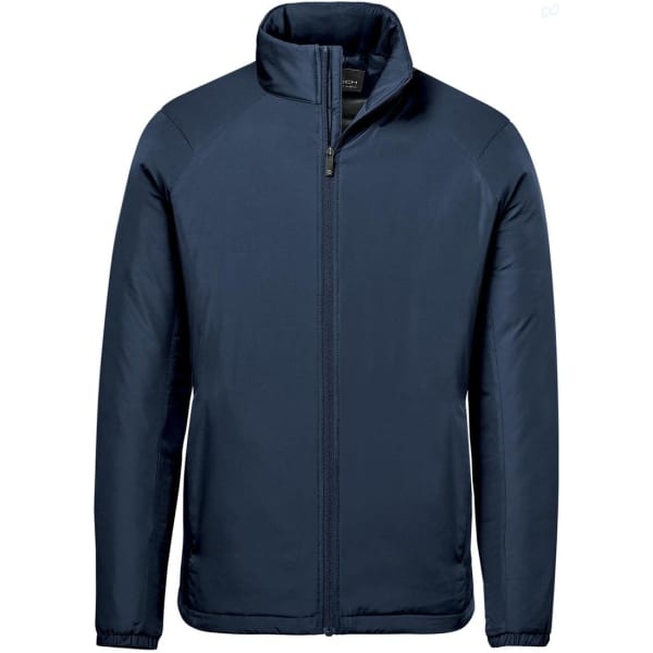 A men's thermal jacket in navy blue with a zip front and stand-up collar, featuring subtle branding.