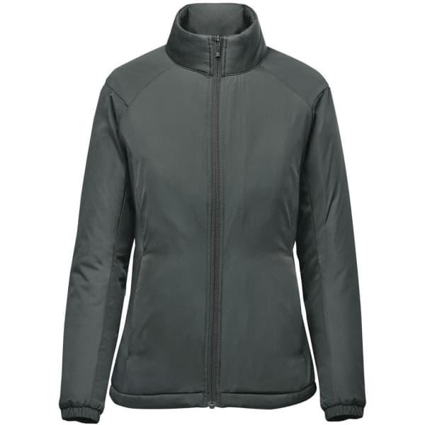 A women's thermal jacket in dark grey with a high collar and zippered front. Features a simple design and a logo.