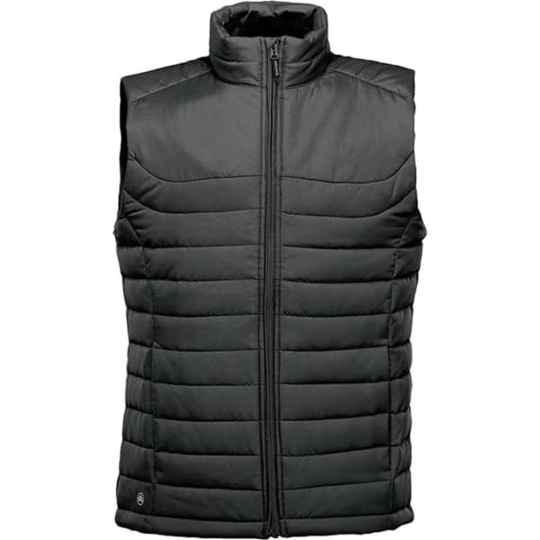 A men's quilted vest in dark grey with a high collar and front zip, featuring a logo on the lower side.