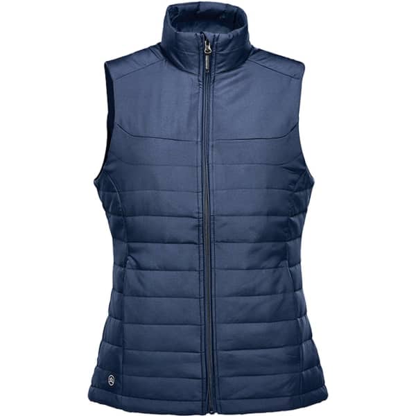 A navy blue women's quilted vest with a high collar and zip front, featuring a logo.