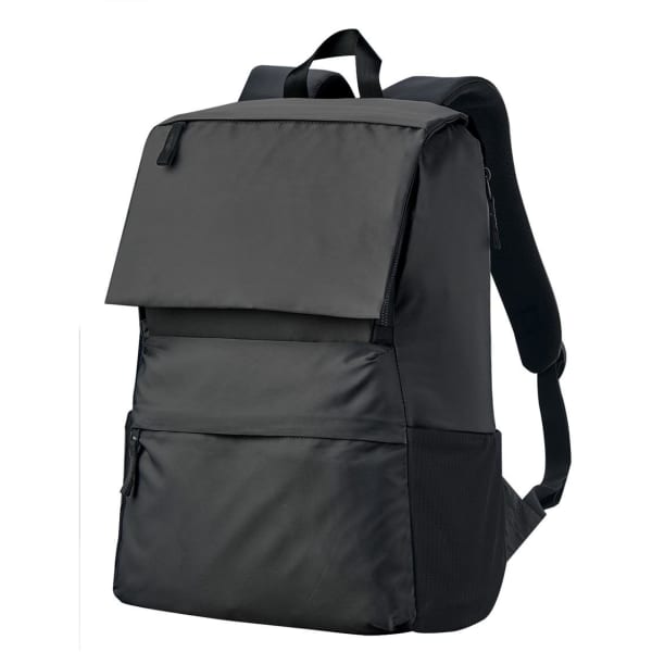 A black laptop backpack featuring a flap, adjustable straps, and a side pocket. It has a branded logo.