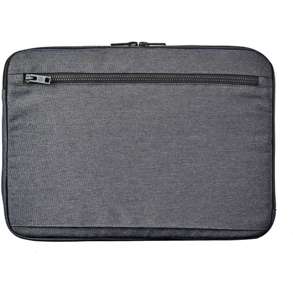 A laptop sleeve in grey fabric featuring a zippered pocket on the back and a sleek design.