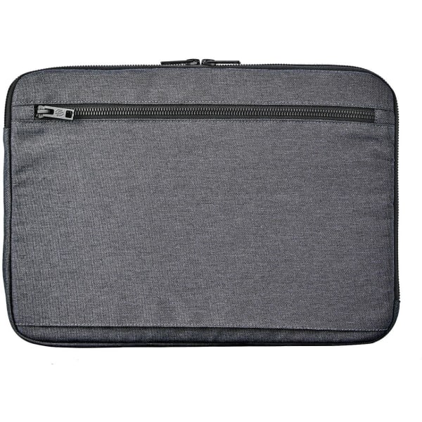 A grey laptop sleeve with a zippered compartment, designed for a 16-inch laptop. It features a textured fabric and branding.