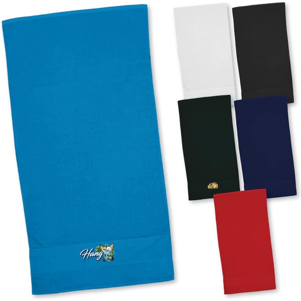 A collection of Terry Velour Towels in various colours: blue, white, black, green, navy, and red, featuring a logo.
