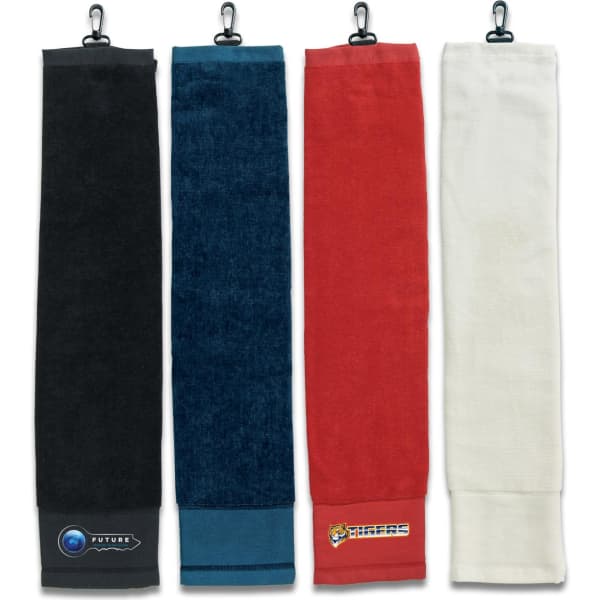 Four golf towels in different colours: black, navy, red, and white, each with a clip and logo.