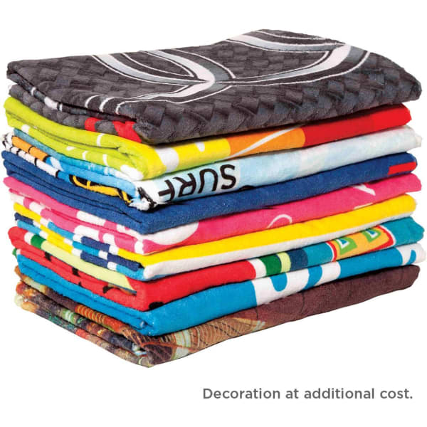 A stack of vibrant beach towels in various colours and patterns, with a textured grey towel on top.