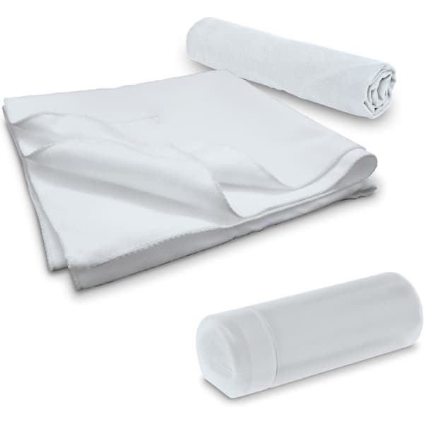 A white sports towel and a white container, featuring a logo, laid out separately.