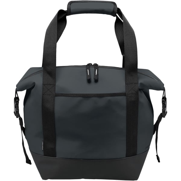 A dark green cooler bag with black handles and a zippered top, featuring a front pocket and a logo.