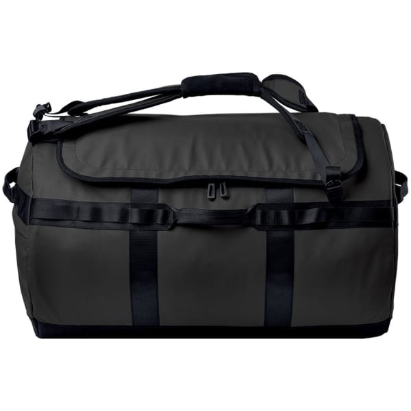 A black duffle bag with a padded shoulder strap and carrying handles, featuring a logo on the side.