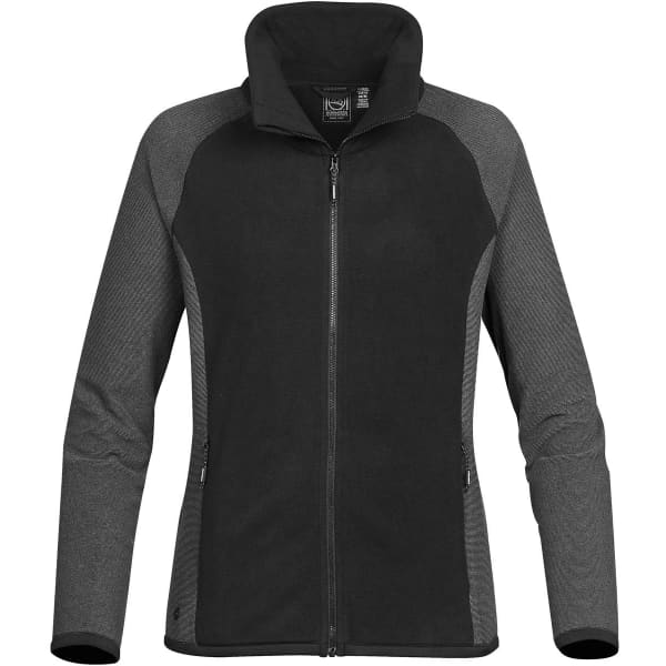 A women's microfleece jumper in black and grey, featuring a zip front and a brand logo.