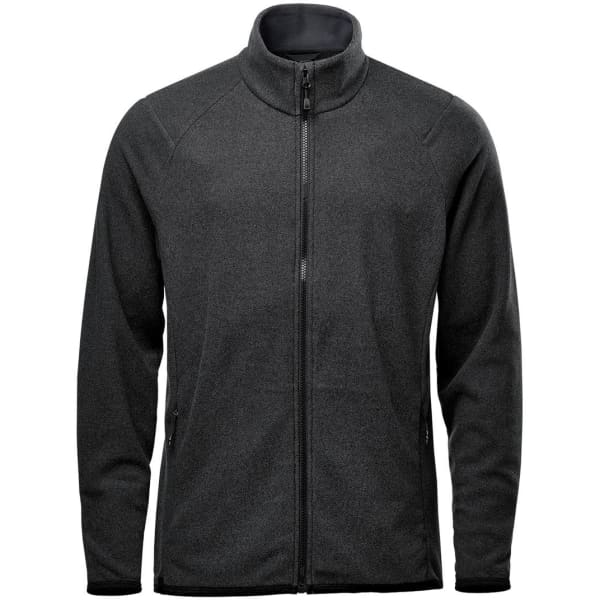 A men's full zip jacket in dark grey with a high collar and zippered pockets. It features a logo.