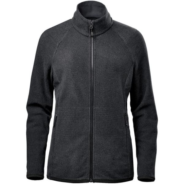 A women's full zip jacket in dark grey with a high collar and two side pockets. It features a logo.