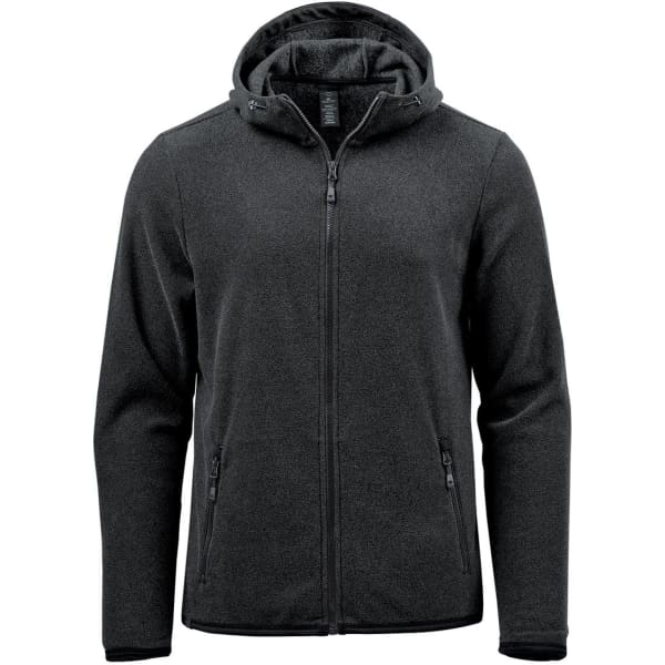 A men's full zip hoody in dark grey, featuring a hood and side pockets, with a logo on the chest.