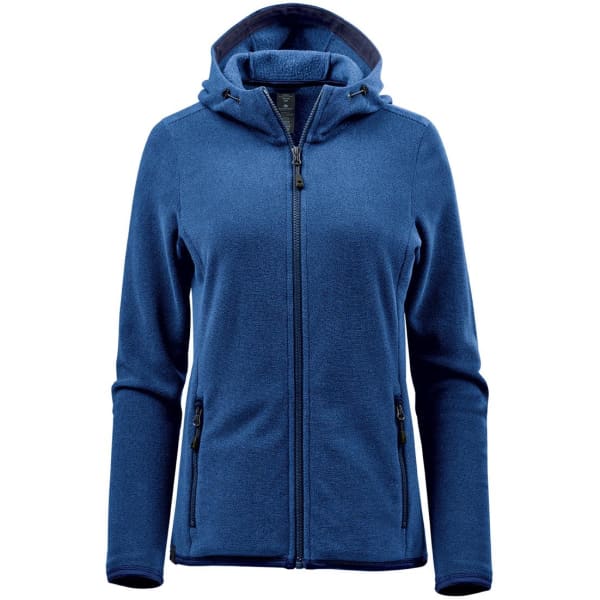 A blue women's full zip hoody with a hood and zippered pockets. It features a logo on the front.