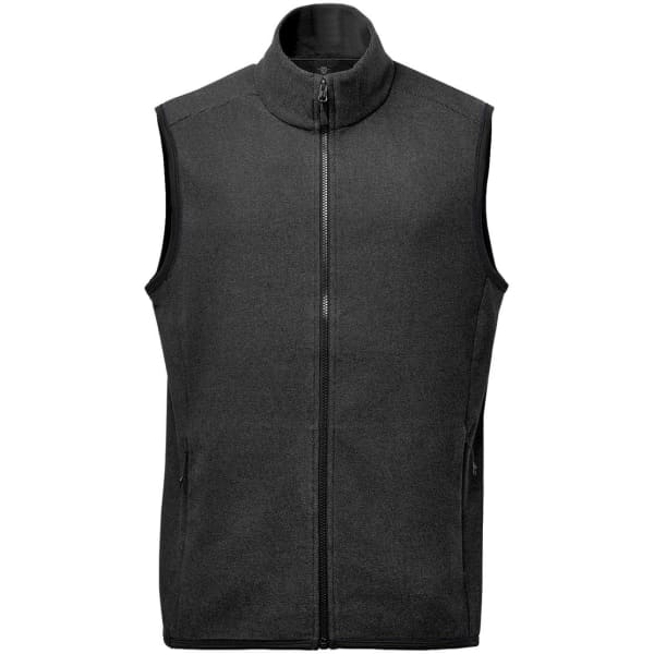 A black men's vest with a high collar and zip closure, featuring two side pockets and a plain design.