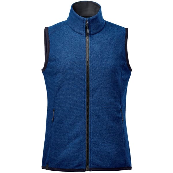 A blue women's vest with a high collar and front zip, featuring two side pockets and a logo.
