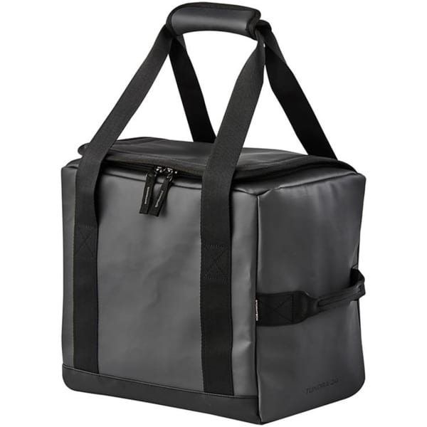 A black cooler bag with sturdy handles and a zippered top, featuring a logo. Ideal for transporting drinks.