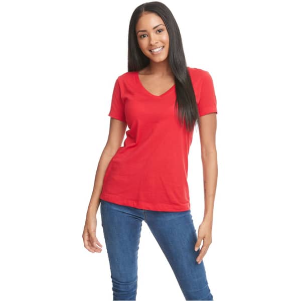 A red women's t-shirt featuring a V-neck and short sleeves, displayed by a model against a white background.