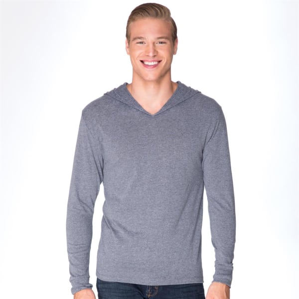 A grey unisex tri-blend hoody displayed on a smiling male model. The hoody features a front pocket and a logo.