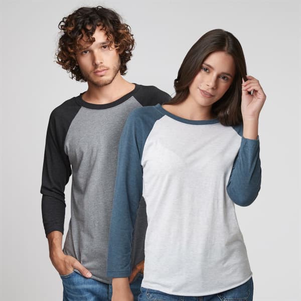 Unisex tri-blend 3/4 raglan shirts in grey and teal with contrasting sleeves, featuring a logo.