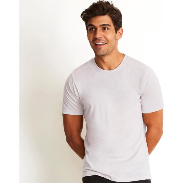 A light grey Poly/Cotton Crew t-shirt displayed on a male model, featuring a simple design and a logo.