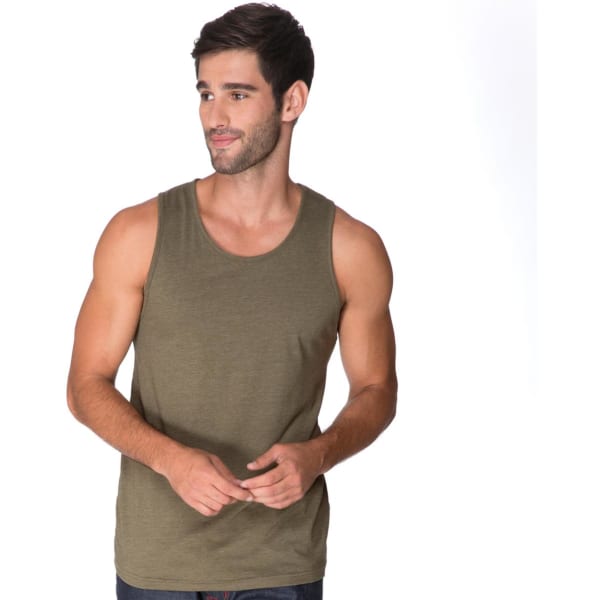 A men's olive green CVC tank top with a relaxed fit, featuring a logo on the fabric.