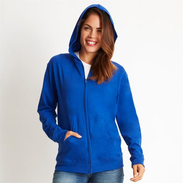 A blue unisex sueded zip hoody featuring a hood and front pockets, worn by a smiling model.