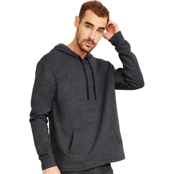 A dark grey unisex pullover hoody with a front pocket and drawstring hood, featuring a branding logo.