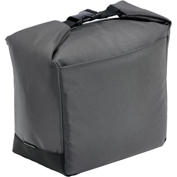 A grey cooler bag featuring a sturdy handle and a secure closure, ideal for keeping items cool.