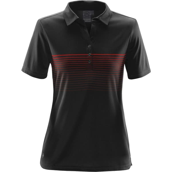A black women's polo shirt featuring a horizontal stripe pattern in red tones and a logo on the side.