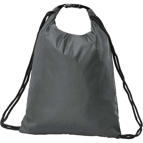 A grey drawstring bag with black straps, featuring a simple design and a logo.