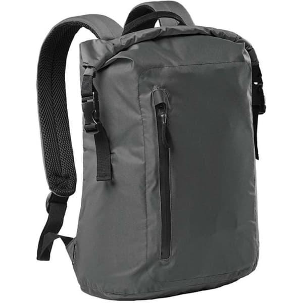 A grey roll-top backpack with adjustable straps and a front zip pocket, featuring a logo on the side.