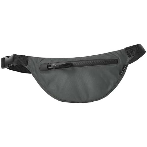 A green waist pack with a zippered pocket and an adjustable strap, featuring a logo.