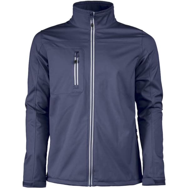 A men's softshell jacket in navy blue with a front zip, featuring a chest pocket and a logo.