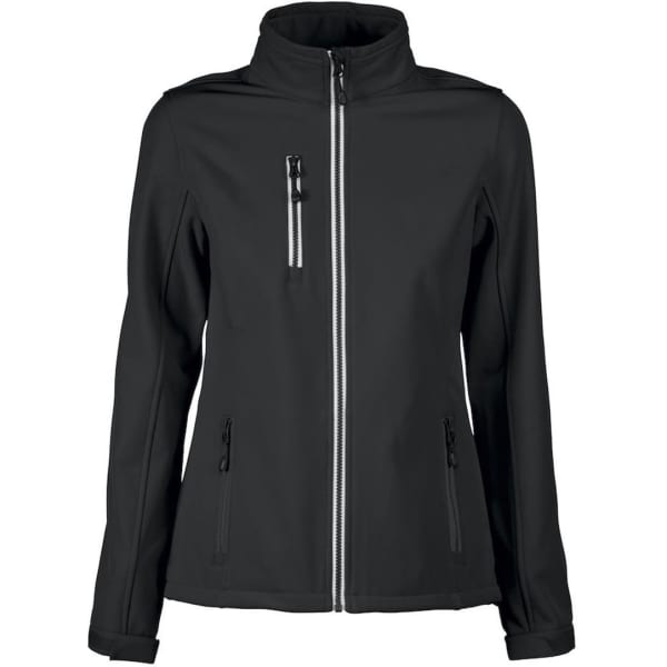 A black women's softshell jacket with a high collar, zippered pockets, and a front zipper. It features a logo.