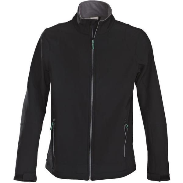 A black unisex softshell jacket featuring a zip front, side pockets, and a stand-up collar. It has a branding logo.