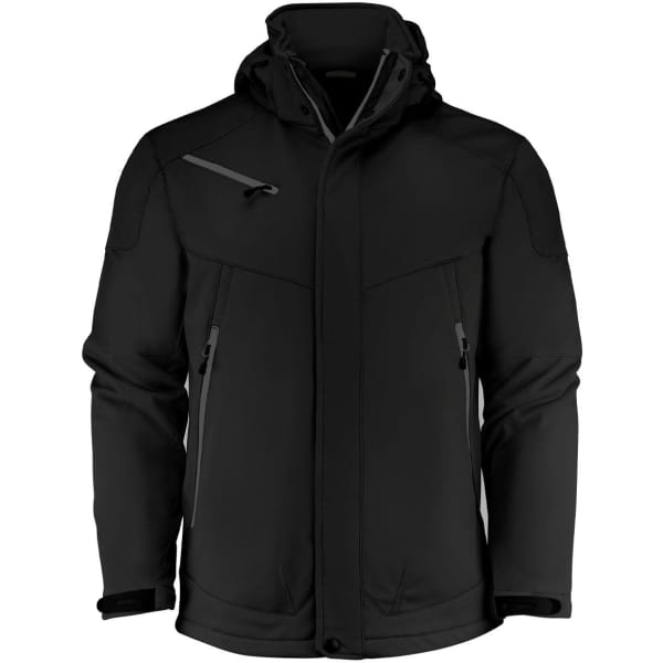 A black unisex softshell jacket featuring a hood, zip pockets, and a logo on the chest.