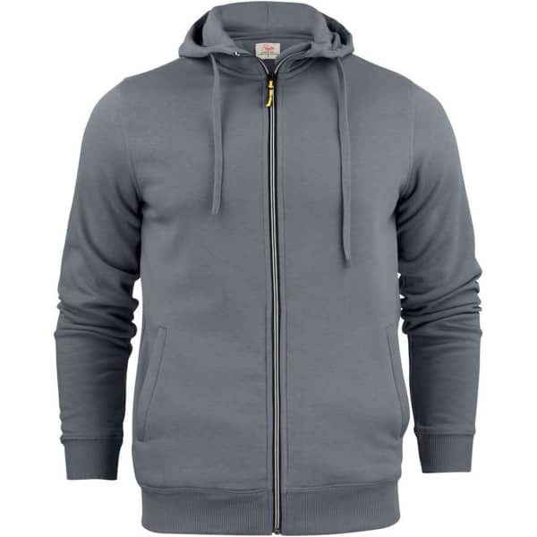 A men's overhead hoodie in a grey colour, featuring a zip front and a hood, with a logo present.
