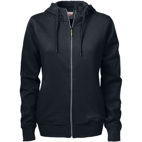 A women's overhead hoodie in black with a zip front, featuring a hood and long sleeves. It has a logo.