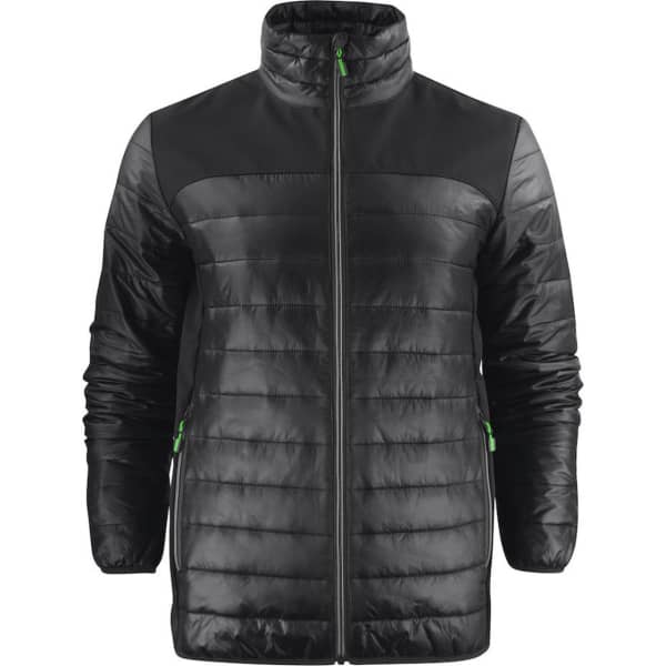 A unisex lightweight jacket in black with green accents and a zip front, featuring a padded design and a logo.