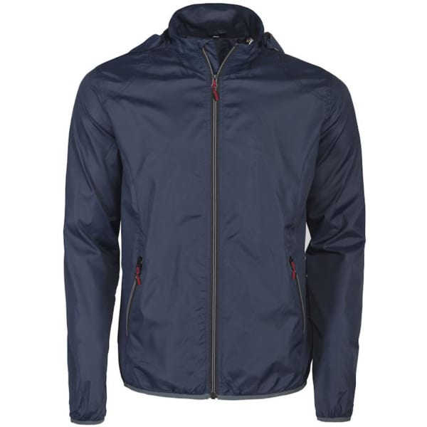 A unisex lightweight jacket in navy blue, featuring a zip front and two side pockets. It has a logo on it.