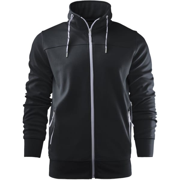 A black unisex track jacket with a high collar, zip front, and contrasting white detailing. Features side pockets and a logo.